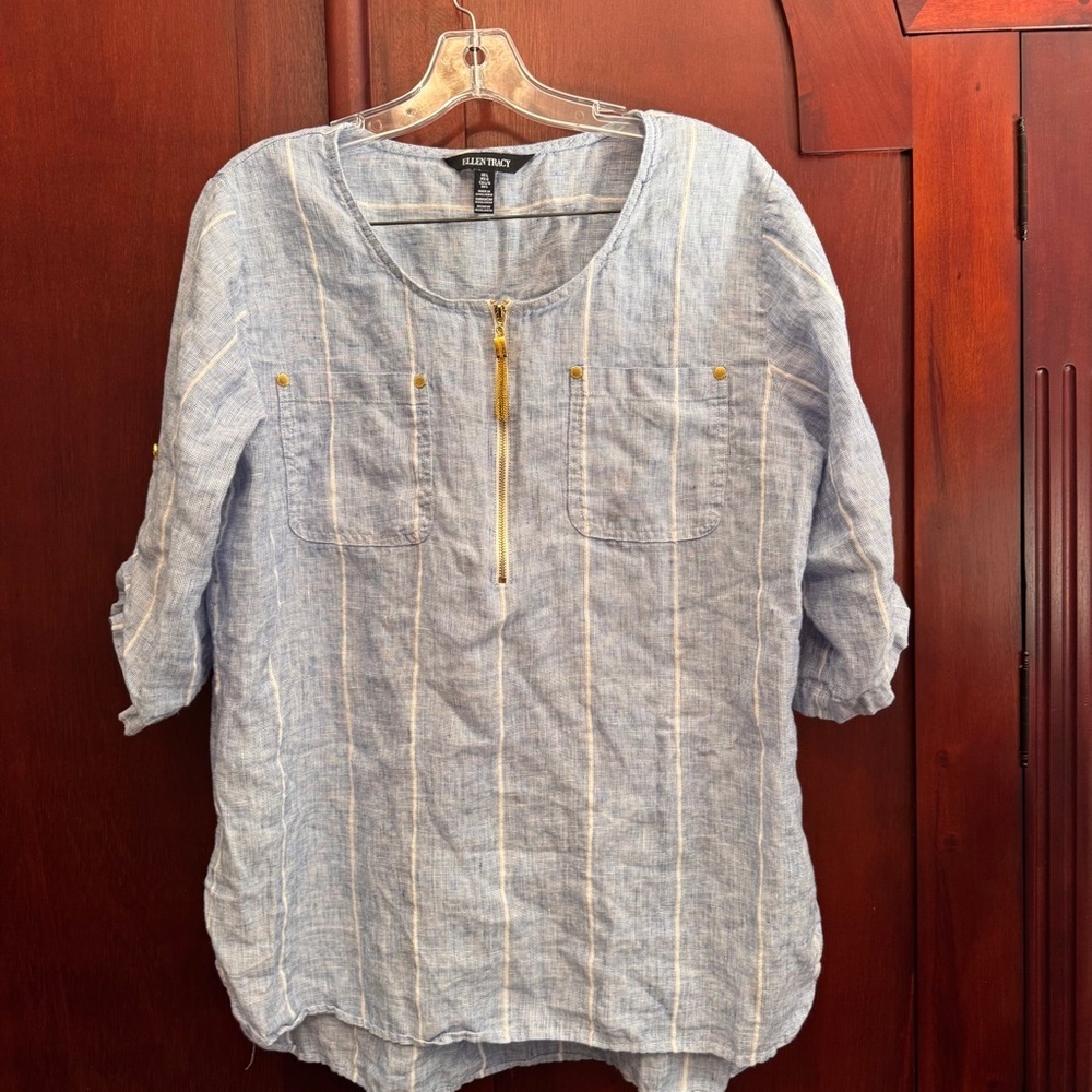 Ellen Tracy 100% Linen Blue Striped Shirt size Large
